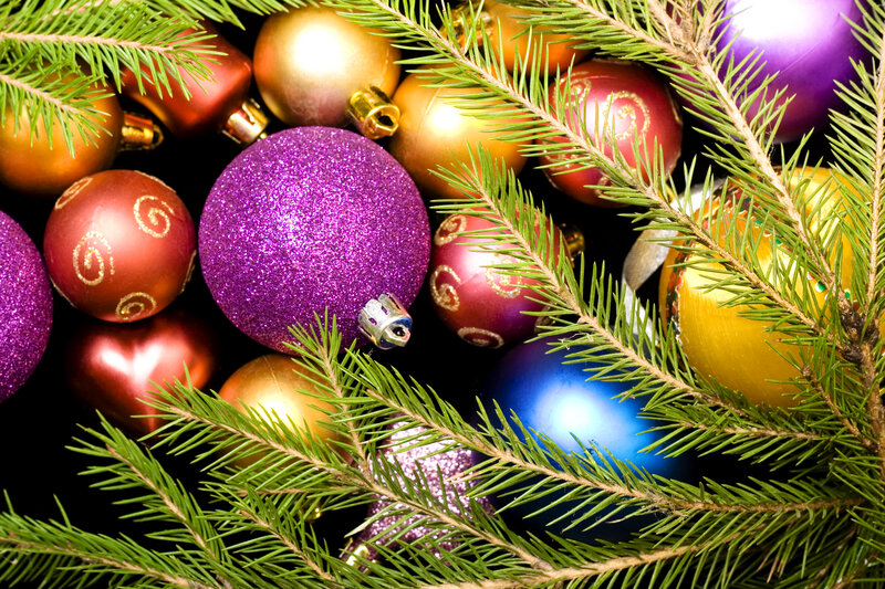 Christmas Ornaments and Pine Branches — Purple