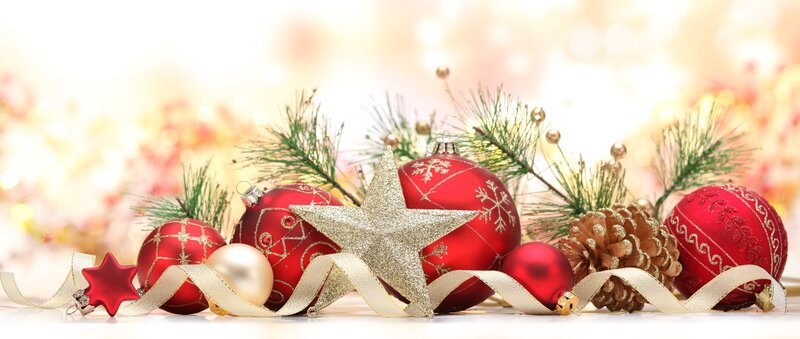 Christmas Ornaments and Pine — Red, Festive, Winter, Photograph, Star