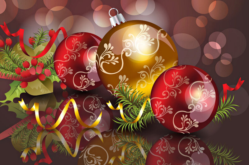 Christmas Ornaments and Pine — Red, Festive, Winter