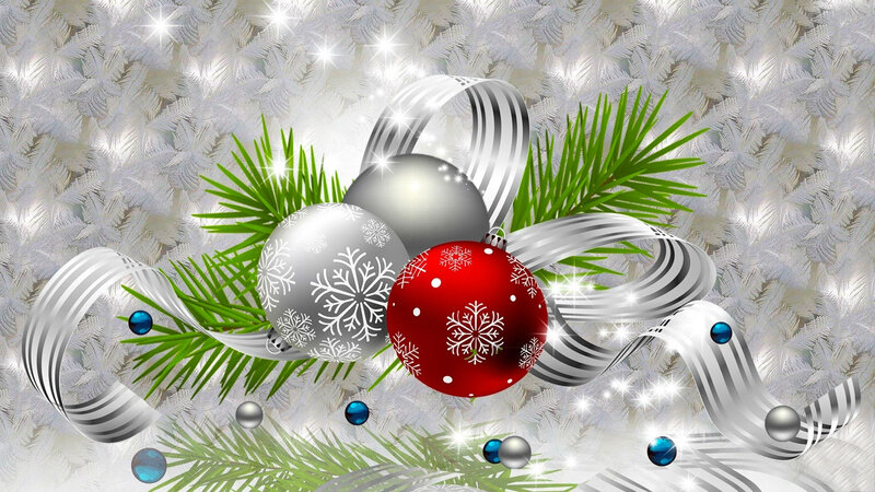 Christmas Ornaments and Pine — Silver, Festive, Winter, Digital Art