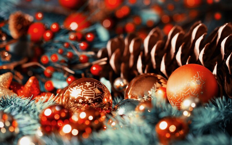 Christmas Ornaments and Pinecones — Red, Festive, Winter