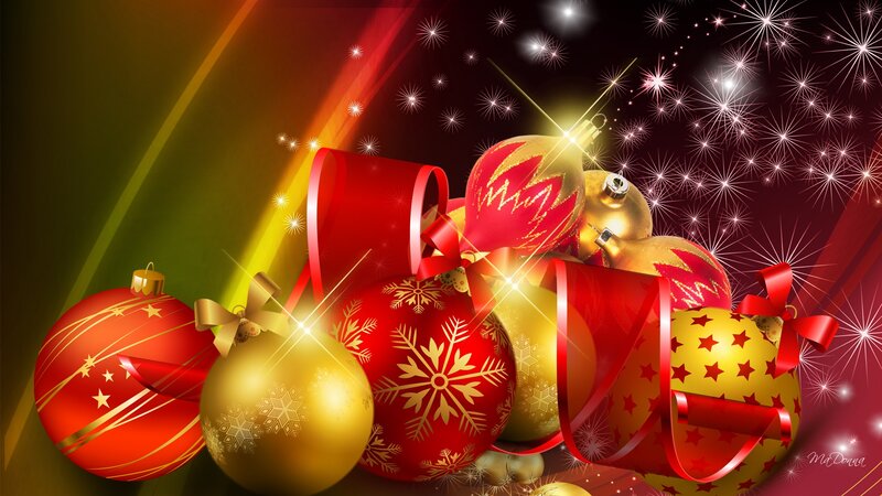 Christmas Ornaments and Ribbons — Red, Festive, Night