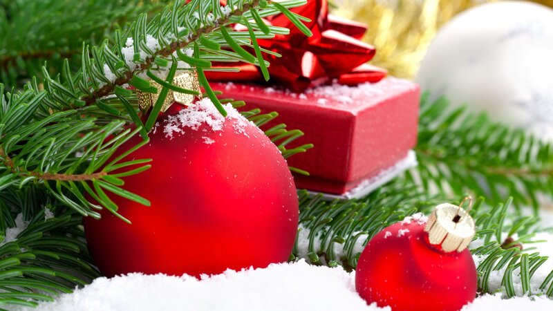 Christmas ornaments and snow