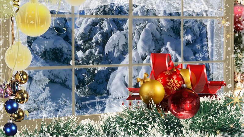 Christmas Ornaments by Window — Red