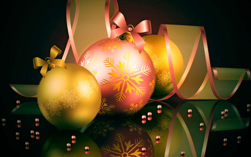 Christmas Ornaments — Gold, Festive, Winter, 3d Render, Ribbons, Snowflakes, Reflection