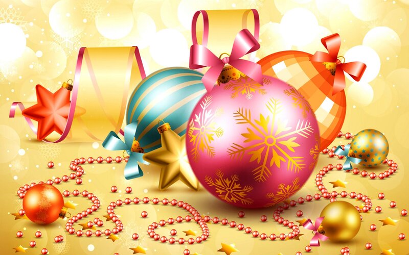 Christmas Ornaments — Gold, Festive, Winter, Digital Art, Ribbons, Beads