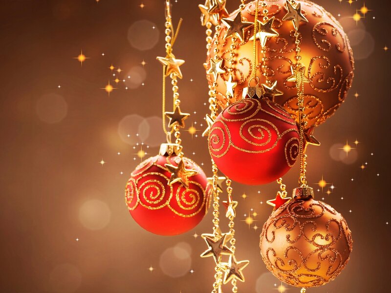 Christmas Ornaments Hanging — Red, Festive, Photograph, Stars