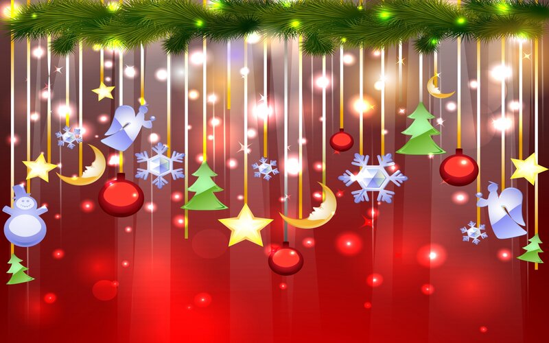 Christmas Ornaments Hanging — Red, Festive, Winter, Digital Art