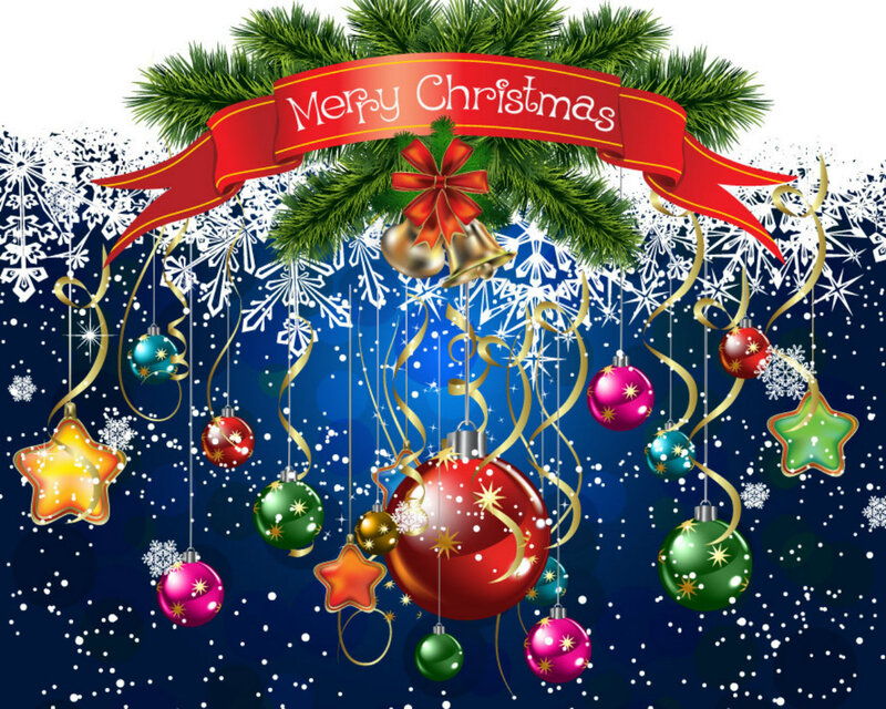 Christmas Ornaments Hanging — Red, Festive, Winter, Vector Art, Pine Branches