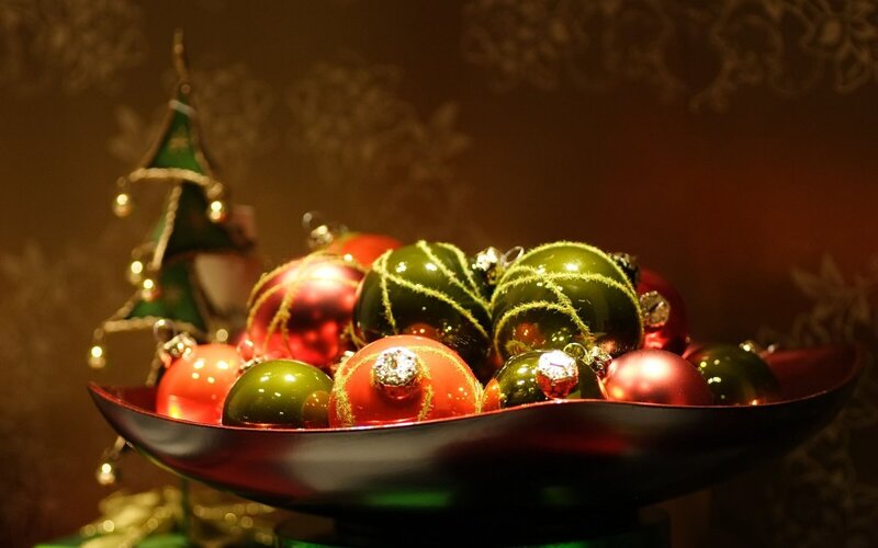 Christmas ornaments in a bowl