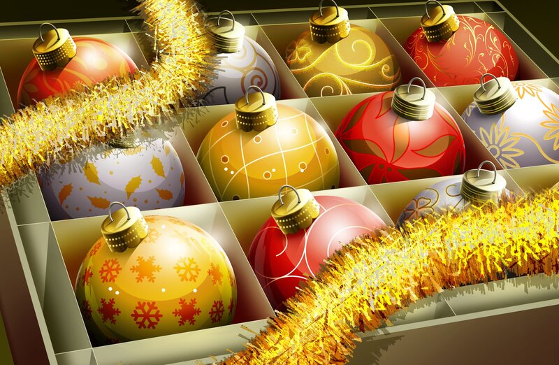 Christmas ornaments in a box