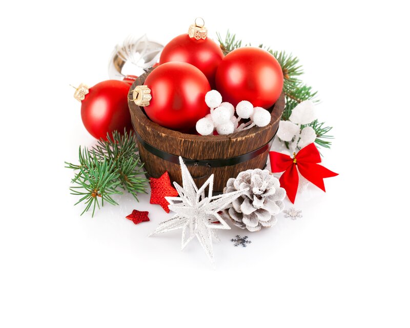 Christmas ornaments in a wooden bucket