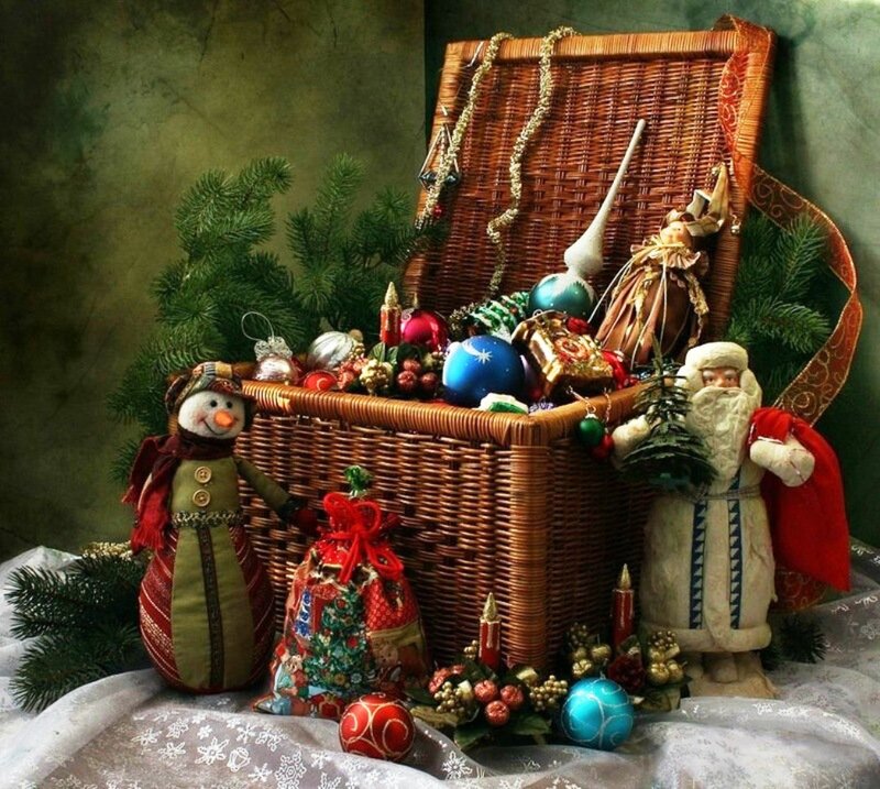 Christmas Ornaments in Basket — Brown
