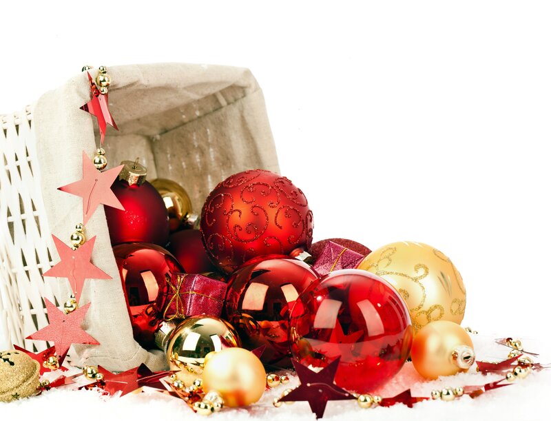 Christmas Ornaments in Basket — Red, Festive, Winter, Photograph
