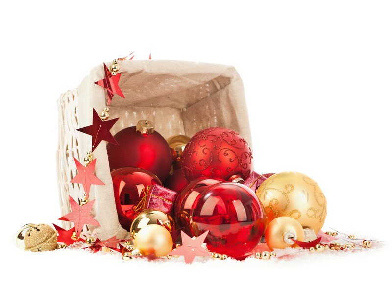 Christmas Ornaments in Basket — Red, Festive, Winter