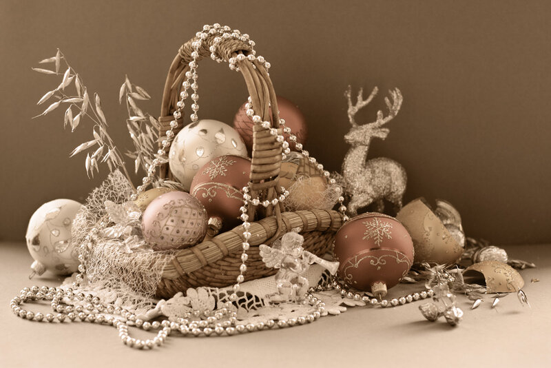 Christmas Ornaments in Basket