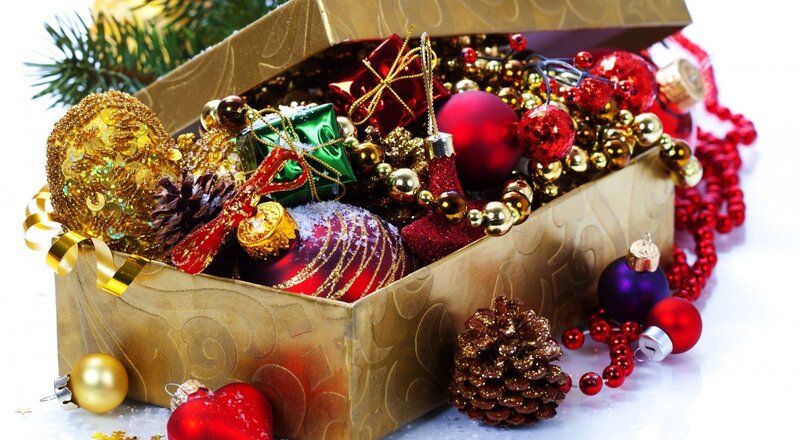 Christmas Ornaments in Box — Gold, Festive, Winter, Photograph