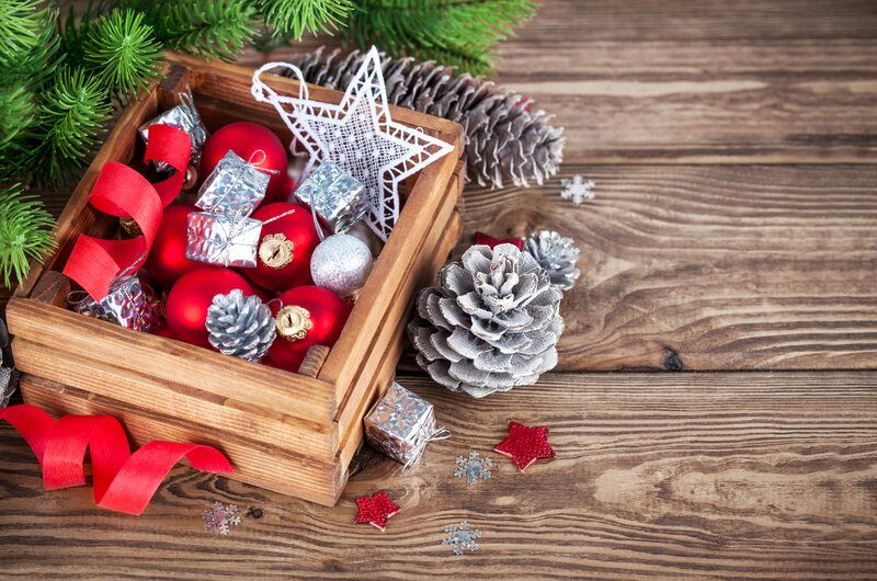 Christmas Ornaments in Box — Red, Festive, Winter, Photograph, Pine Cones