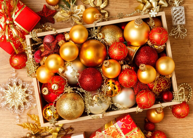 Christmas Ornaments in Box — Red, Festive, Winter
