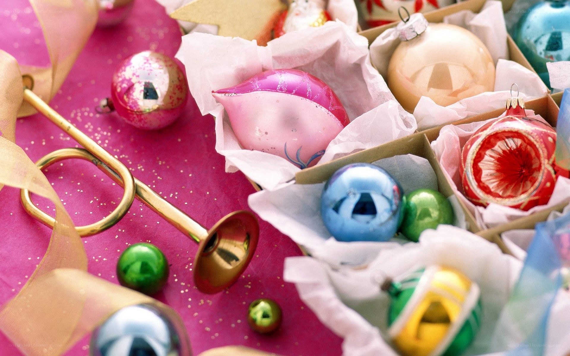Christmas ornaments in boxes