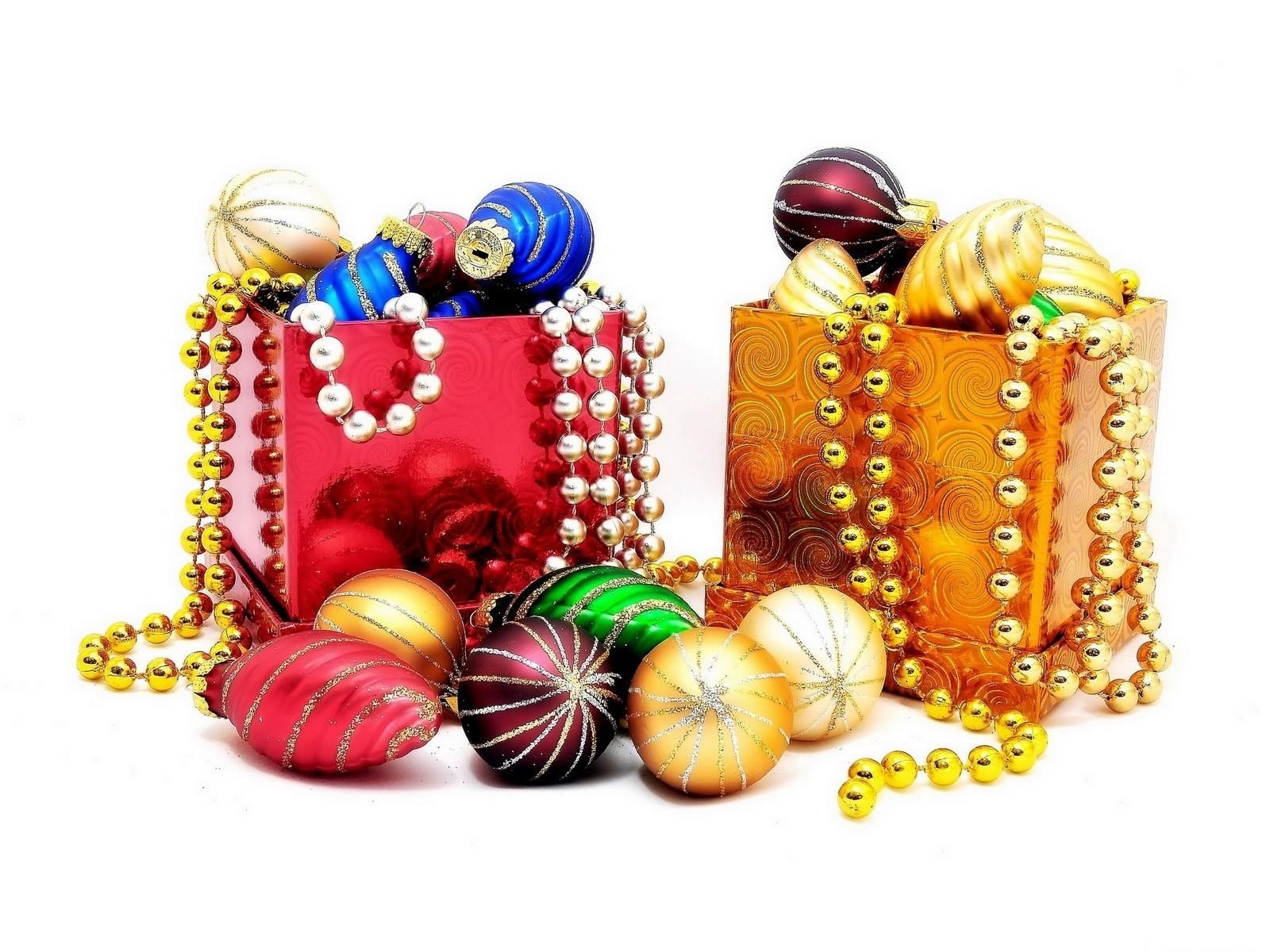 Christmas ornaments in gift boxes