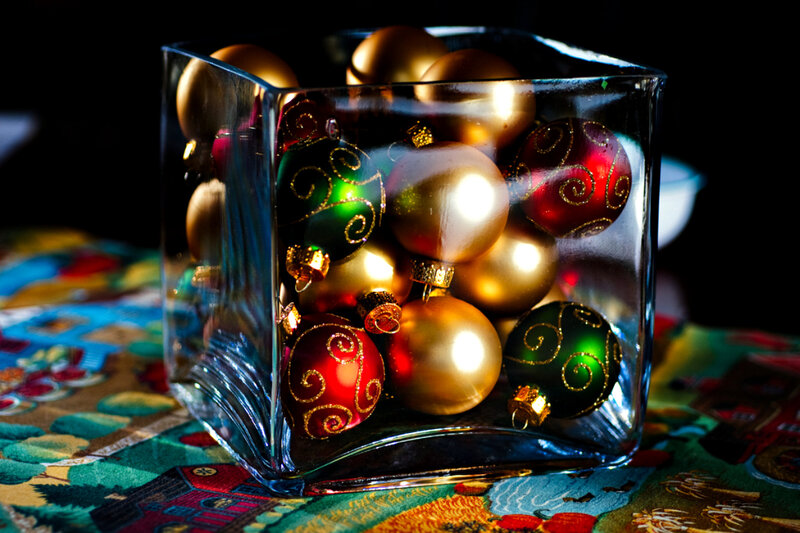 Christmas Ornaments in Glass Vase