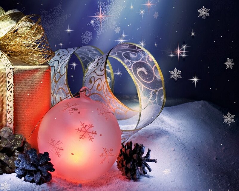 Christmas ornaments in snow