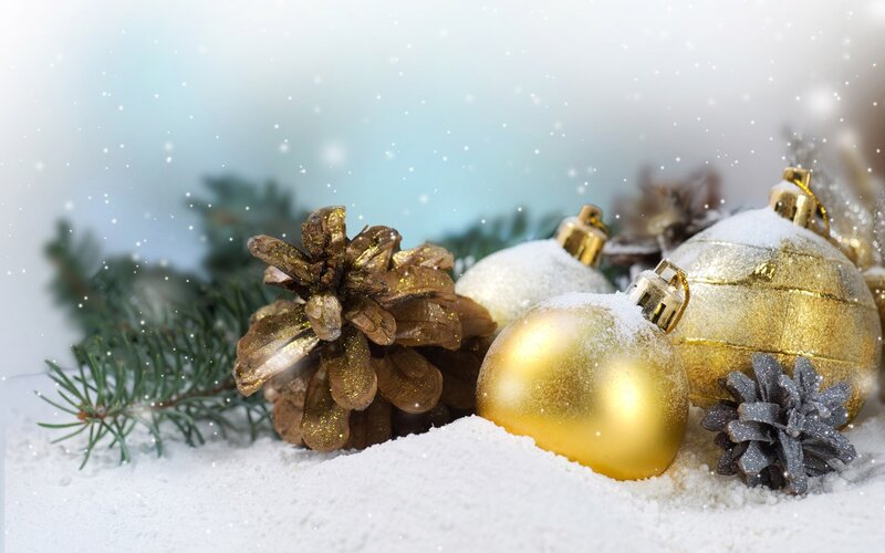 Christmas ornaments in snow