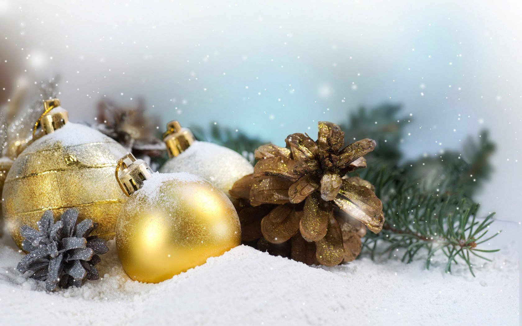 Christmas ornaments in snow
