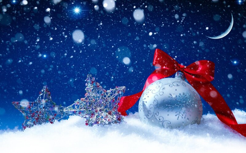 Christmas ornaments in snow