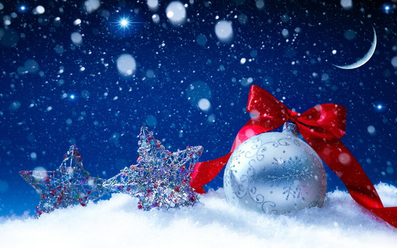 Christmas Ornaments in Snow — Blue, Festive, Night