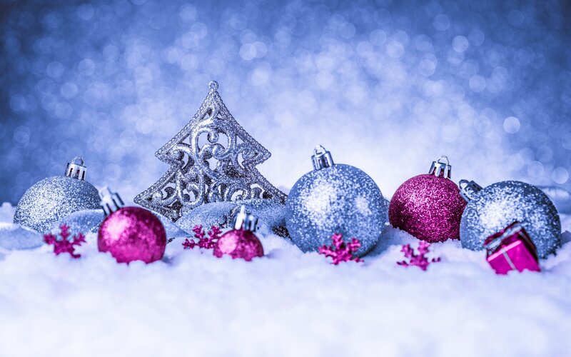 Christmas Ornaments in Snow — Blue, Festive, Winter, Photograph