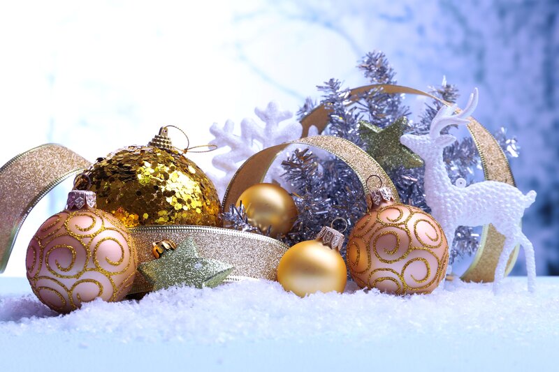 Christmas Ornaments in Snow — Gold, Festive, Winter