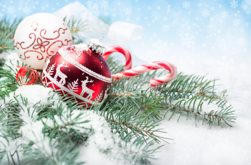 Christmas Ornaments in Snow — Red, Festive, Winter, Photograph, Candy Canes