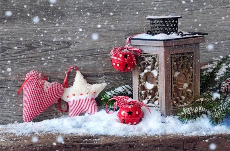 Christmas Ornaments in Snow — Red, Festive, Winter, Photograph, Lantern