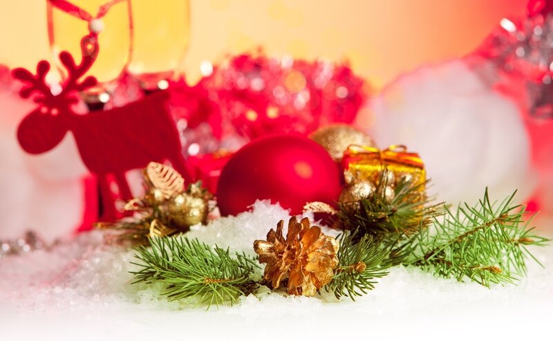 Christmas Ornaments in Snow — Red, Festive, Winter, Photograph, Pine Branches, Pinecones