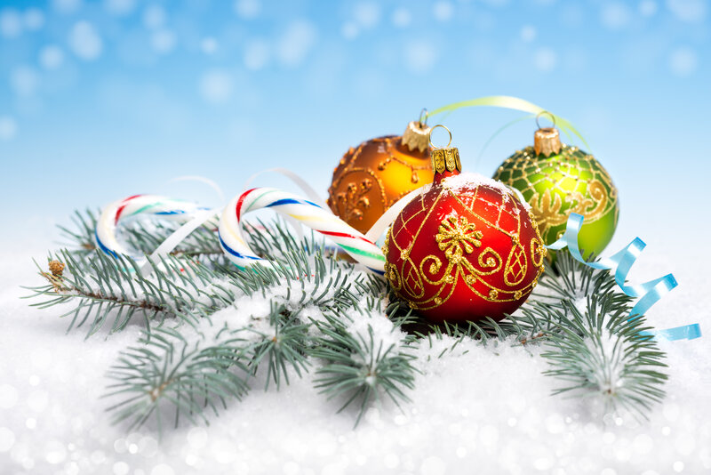 Christmas Ornaments in Snow — Red, Festive, Winter, Photograph, Pine Branches