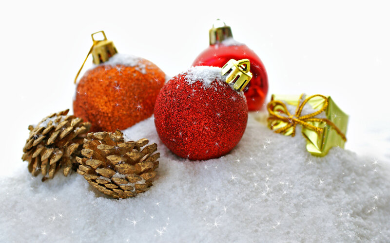 Christmas Ornaments in Snow — Red, Festive, Winter, Photograph