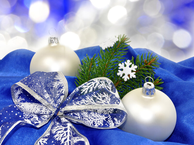 Christmas Ornaments on Blue Cloth