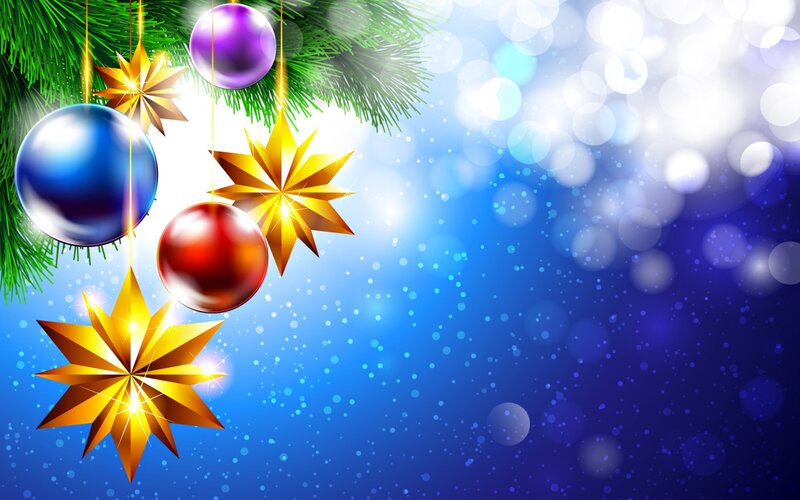 Christmas Ornaments on Branch — Blue, Festive, Winter, Digital Art, Pine Branches