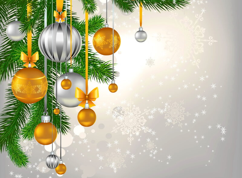 Christmas Ornaments on Branch — Gold, Festive, Winter, Digital Art, Pine Branches