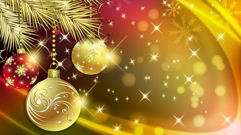 Christmas Ornaments on Branch — Gold, Festive, Winter, Digital Art