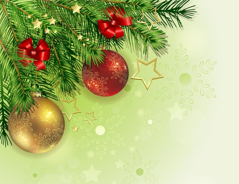 Christmas Ornaments on Branch — Green, Festive, Winter, Digital Art, Bows