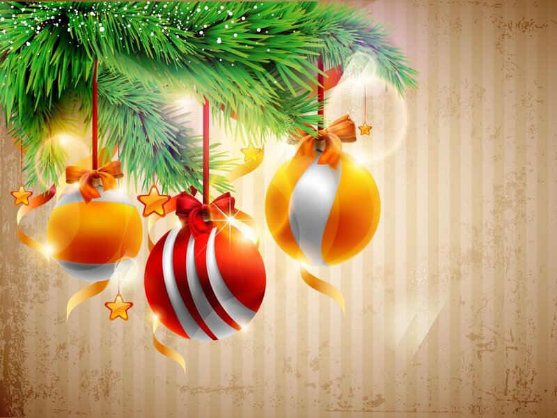 Christmas Ornaments on Branch — Green, Festive, Winter, Digital Art, Pine Branch