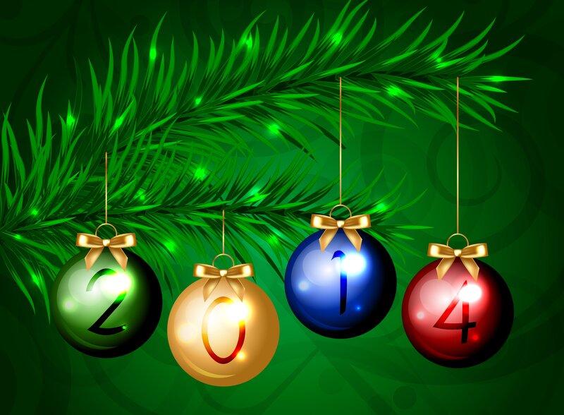 Christmas Ornaments on Branch — Green, Festive, Winter, Digital Art, Pine Branches, Bows