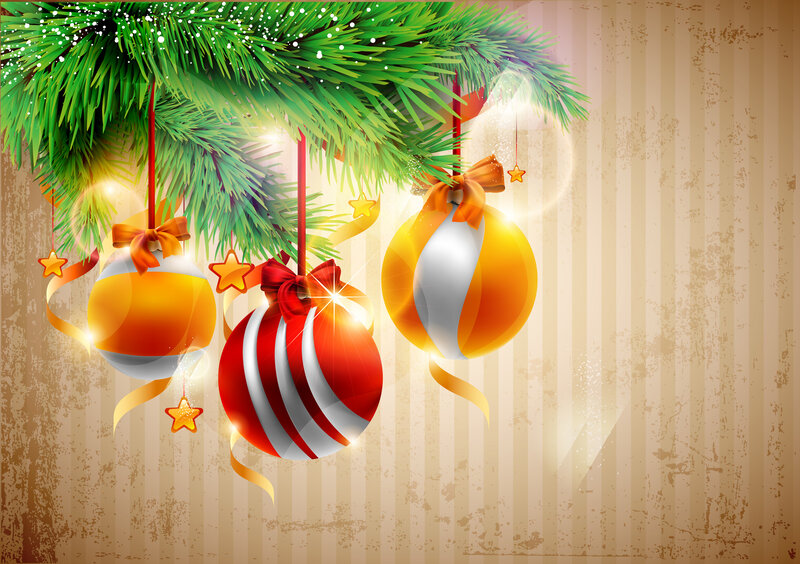 Christmas Ornaments on Branch — Green, Festive, Winter, Digital Art, Pine Branches