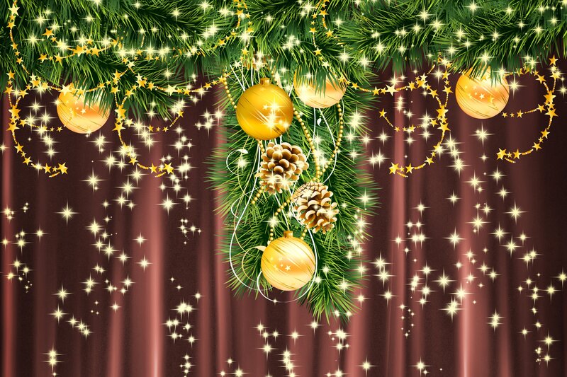 Christmas Ornaments on Branch — Green, Festive, Winter, Digital Art, Pine Cones