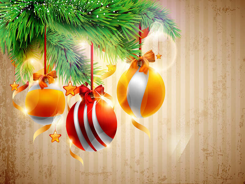 Christmas Ornaments on Branch — Green, Festive, Winter, Digital Art, Pine Needles