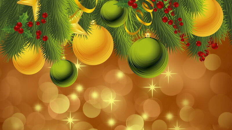 Christmas Ornaments on Branch — Green, Festive, Winter, Digital Art