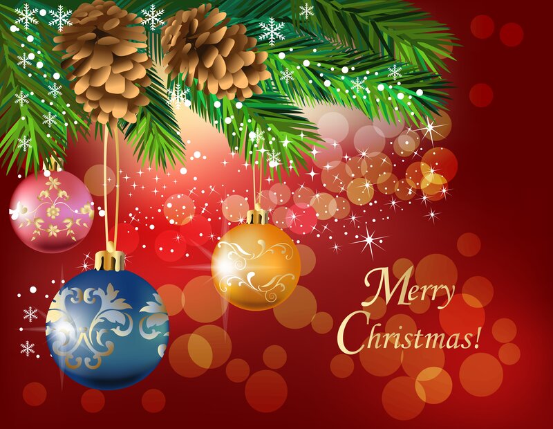 Christmas Ornaments on Branch — Red, Festive, Winter, Digital Art, Pine Cones